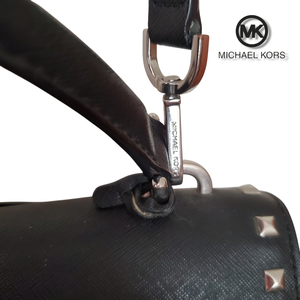 Michael KORS Black Saffiano Leather Top Handle Silver Studded Crossbody Satchel - Picture 13 of 17